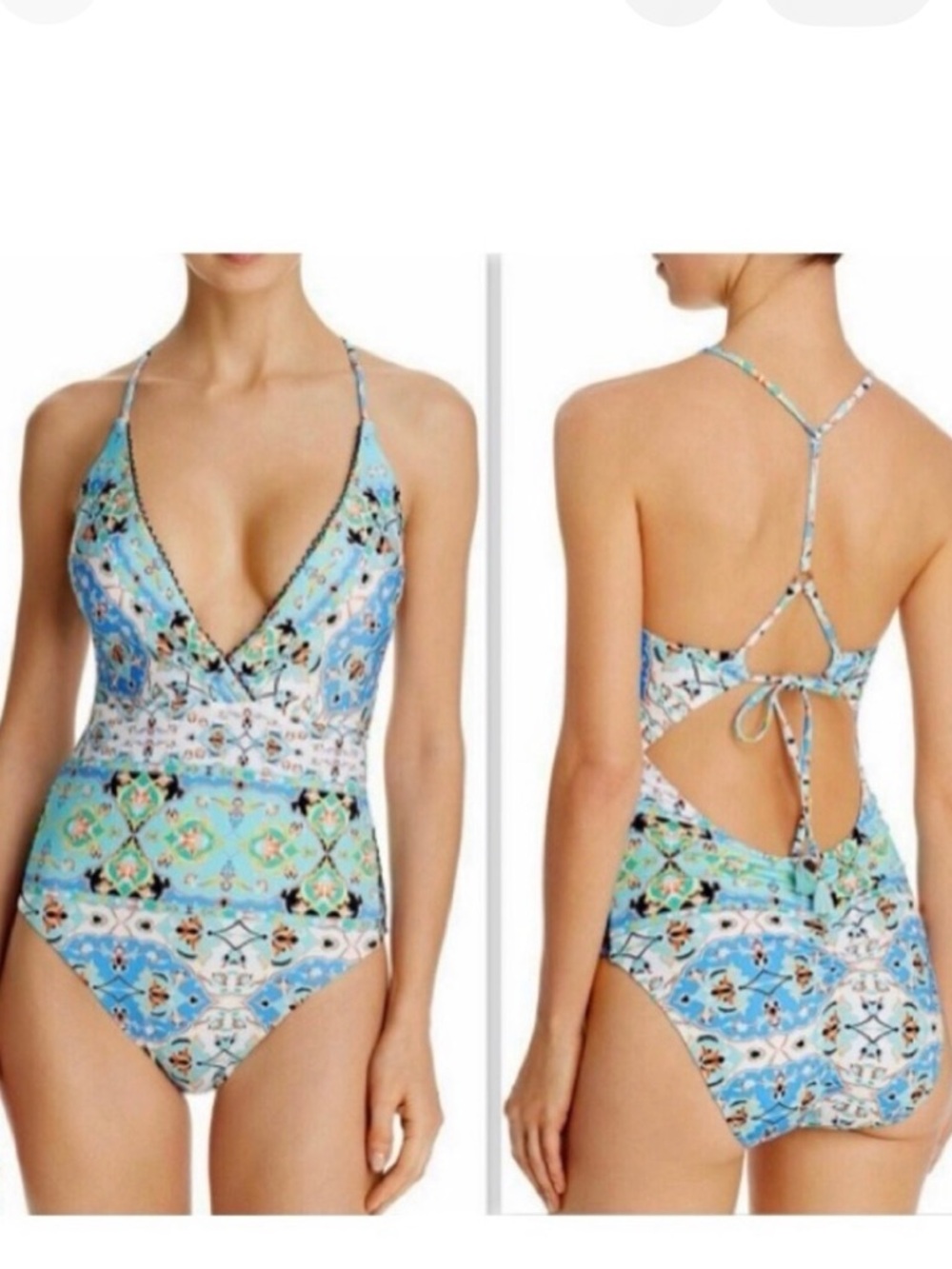 NWT NANETTE LEPORE Goddess plunge one-piece swimsuit halter boho print blue Sz6